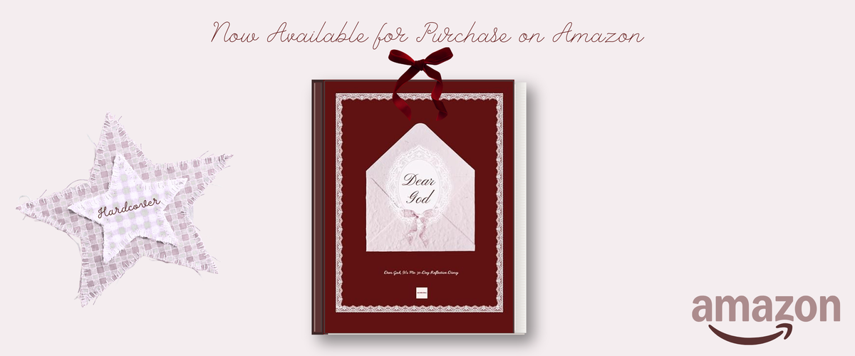 A square book or album cover in deep burgundy with a white central label and a dark red ribbon bow, shown on a light gray background. A matching white patterned star card sits to the left.